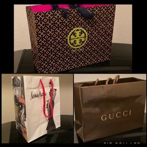 3 small luxury retailer shopping bags Gucci Tory Burch Neiman Marcus Anniversary